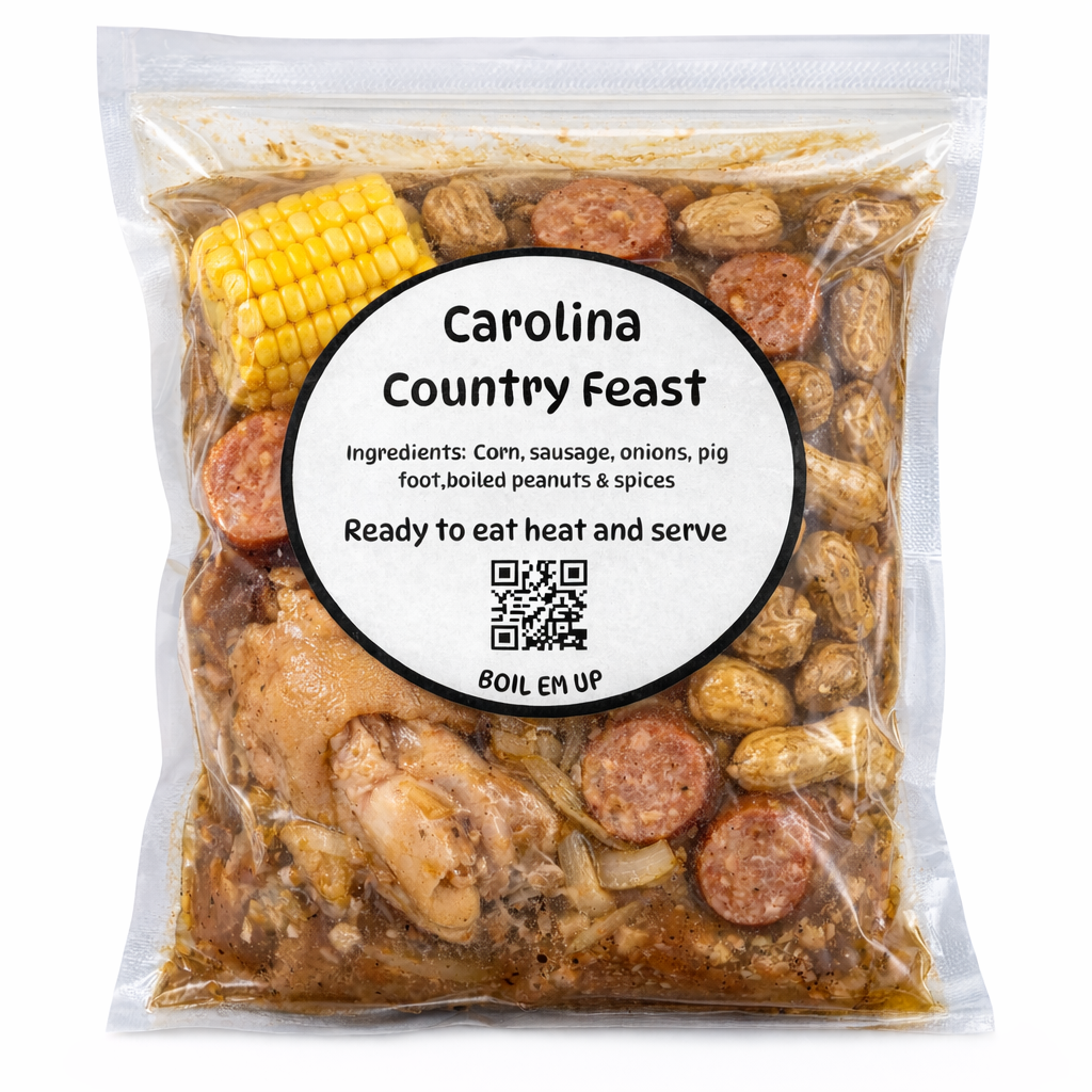 Packaged Carolina Country Feast with ingredients visible and a label on a white background