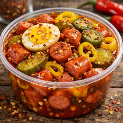 Container of spicy sausage salad with pickles, eggs, and peppers on a wooden surface.