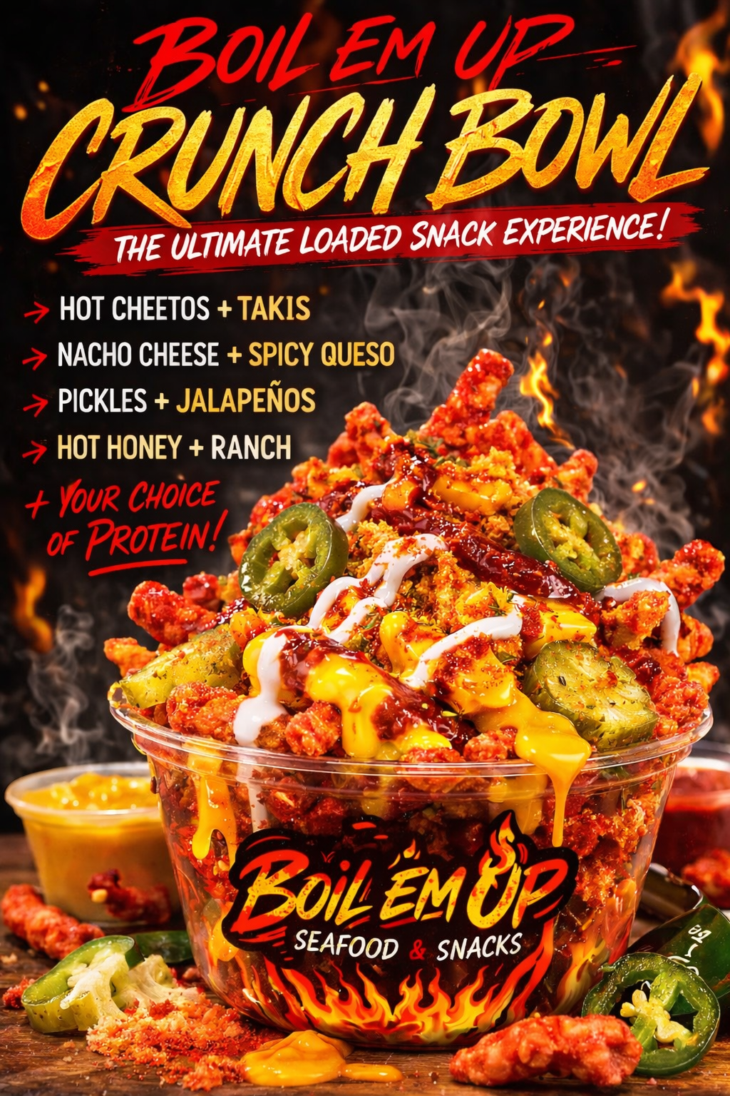 Boil Em Up Loaded Crunch Bowl – Hot Cheetos, Takis, Nacho Cheese, Jalapeños & Toppings